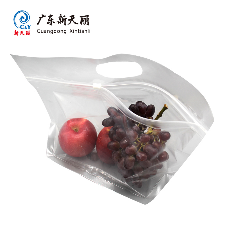 wholesale transparent stand-up reusable block zipper plastic bag fruit vegetable packaging pouch with handle