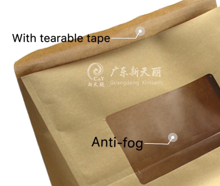flat bottom take away chicken hot food bag with tape and window kraft paper bag
