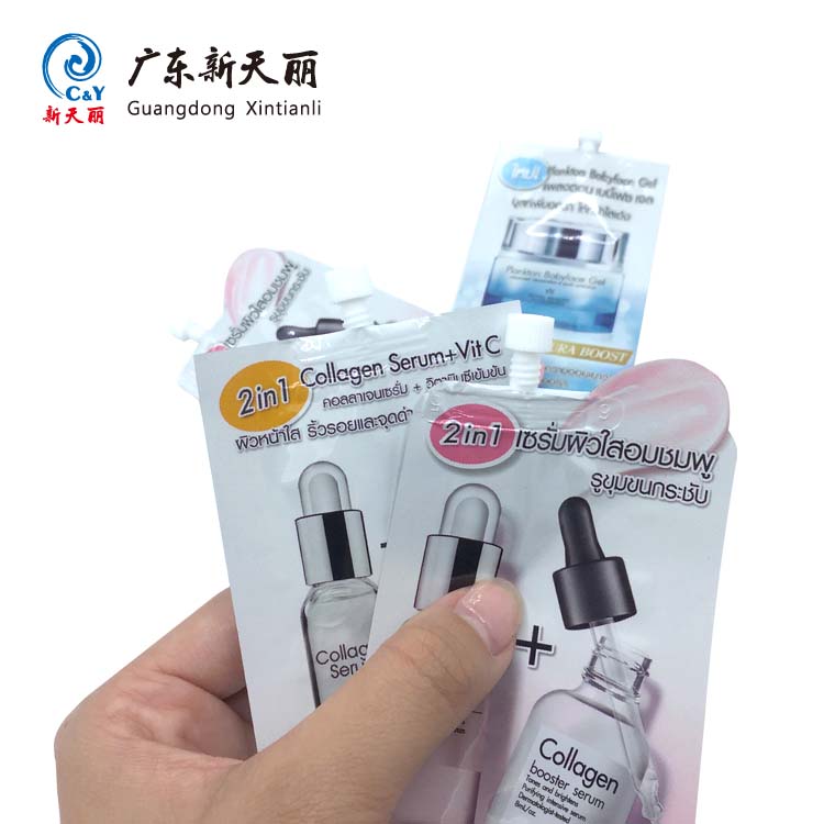 China suppliers Beauty serum usual and special shaped sachet recycle spout top pouch cosmetic packaging pouch