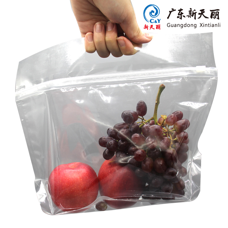 New product transparent stand-up reusable block zipper plastic bag fruit vegetable packaging pouch with handle