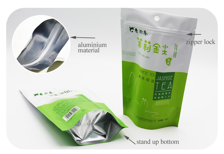 Digital Printing Aluminum Foil Empty Green Tea Bags Zipper Stand Up Packaging Pouch  For Tea Coffee Sugar Snack Nut