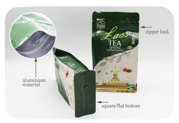 stand up flat bottom custom printed zipper tea bag foil packaging