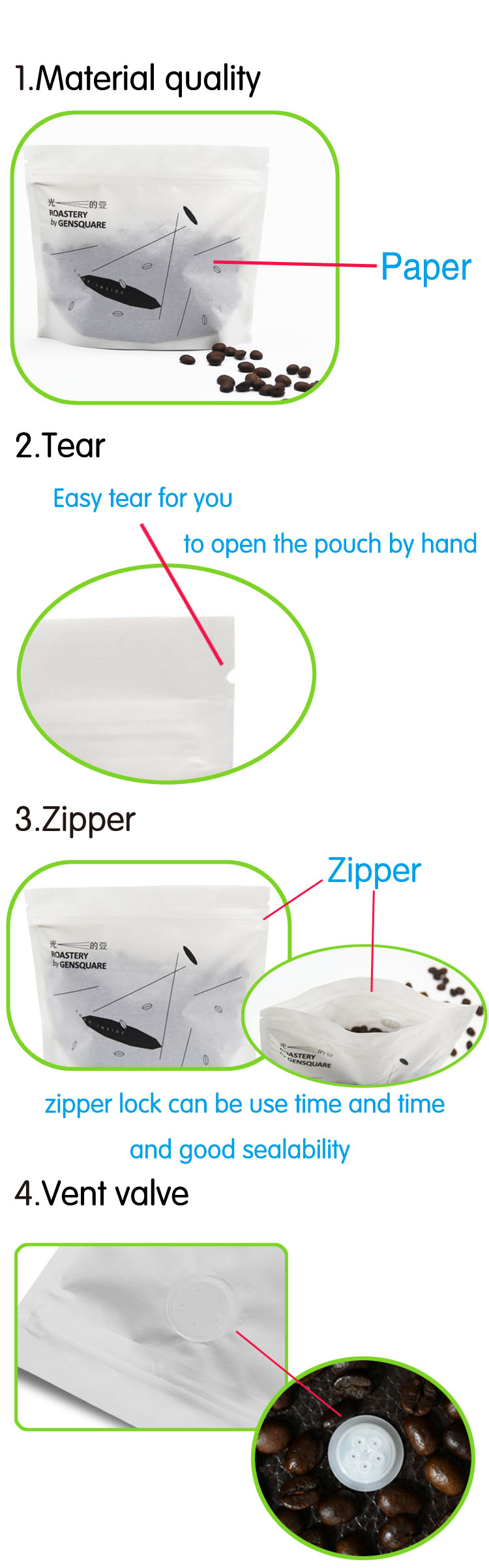 gravure printing coffee bean powder cotton paper stand up zipper pouch packaging bag