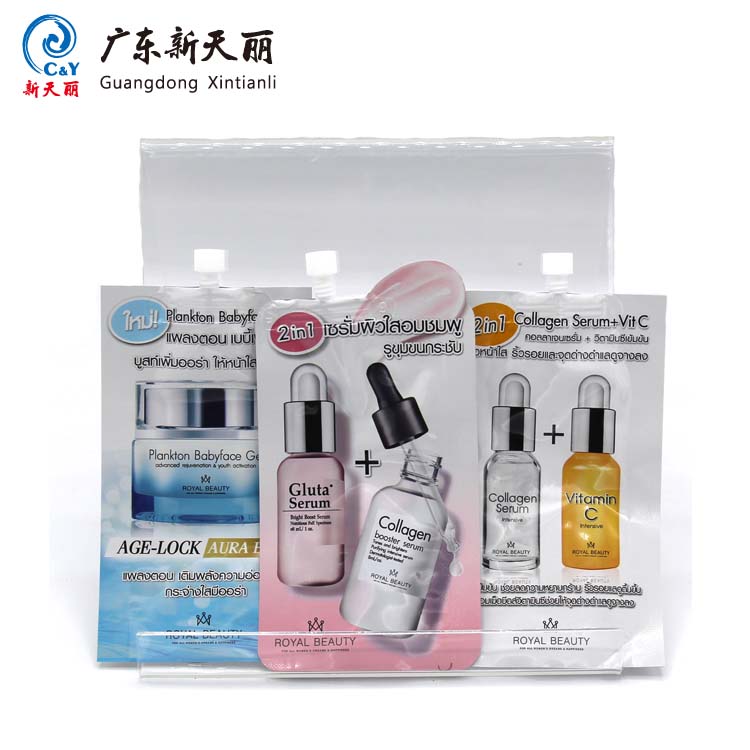 China suppliers Beauty serum usual and special shaped sachet recycle spout top pouch cosmetic packaging pouch