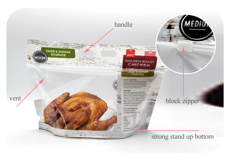mylar laminated plastic anti-fog oil resistance food zip pouch roast chicken paper bag with handle