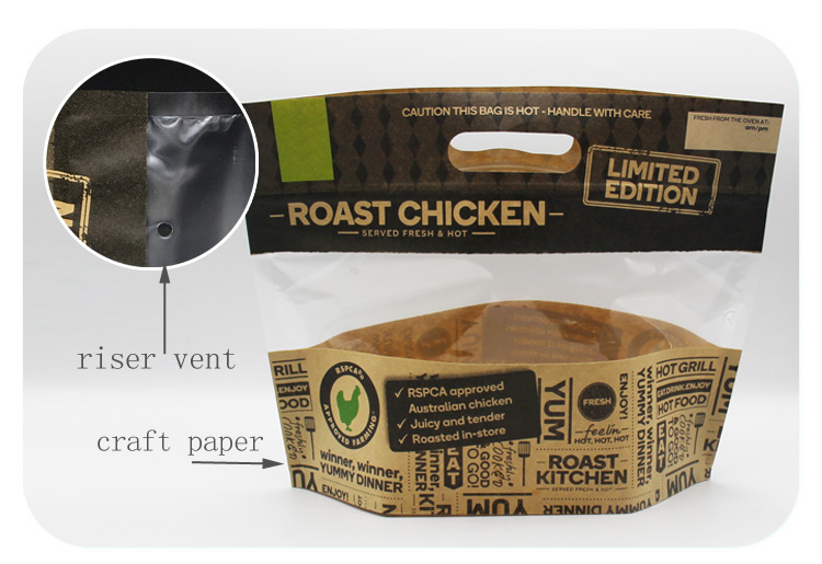 Food grade thermal pack bag roast whole chicken deli cooked craft paper packaging pouch