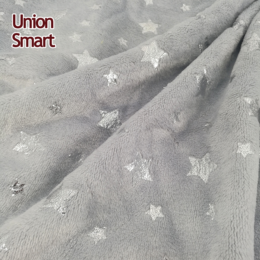 Flannel fleece polyester fabric with metallic foil printed