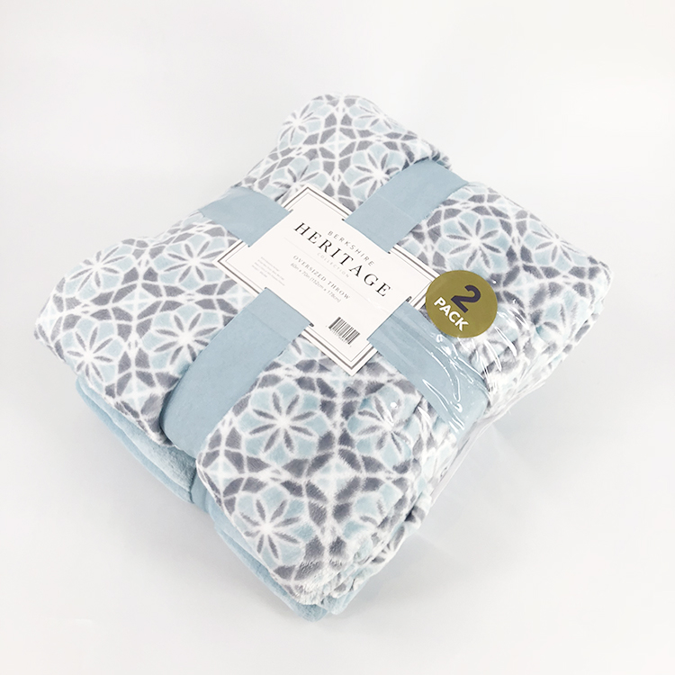Flannel Fleece Blanket Printed and Solid Light Blue Color 2pcs Jacquard 100% Polyester Thread Blanket/towel Blanket Rectangular