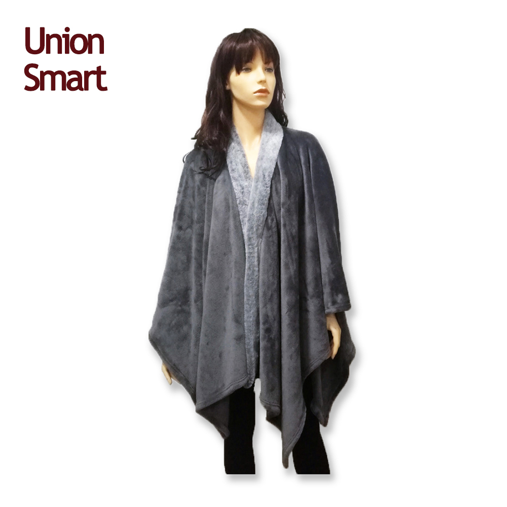Fashionable woman home clothing warm flannel wrap with bunny fur border wearable blanket