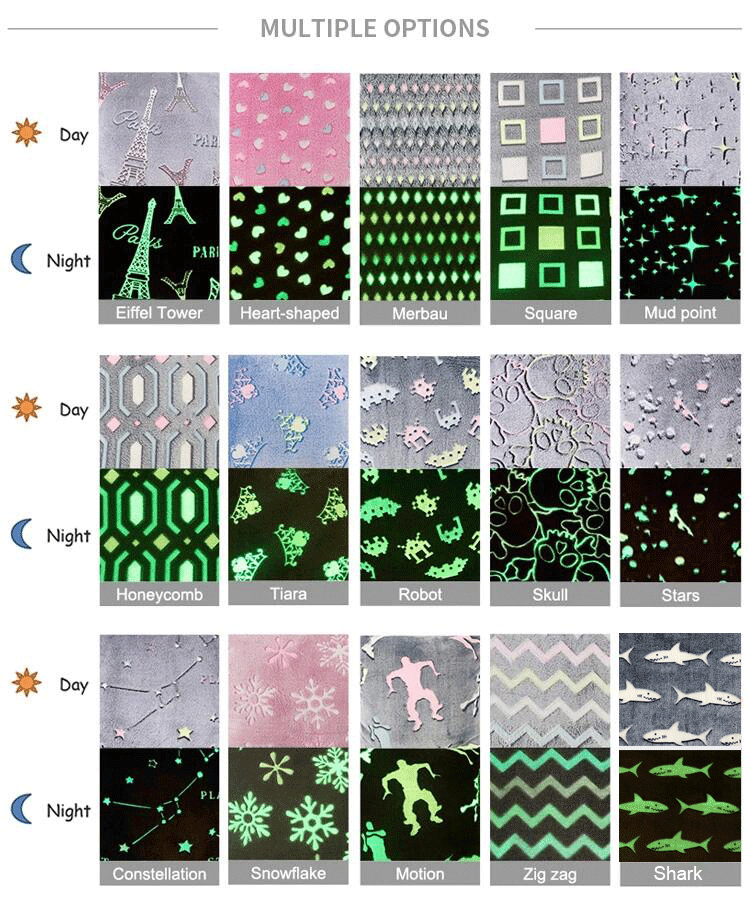 Durable glow in the dark flannel jacquard knitted fabric coral fleece blanket bright color in night blanket throw for children