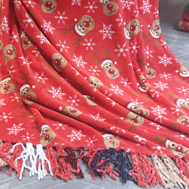 Christmas printed style flannel coral fleece throw gift blankets with chenille tassel fringes