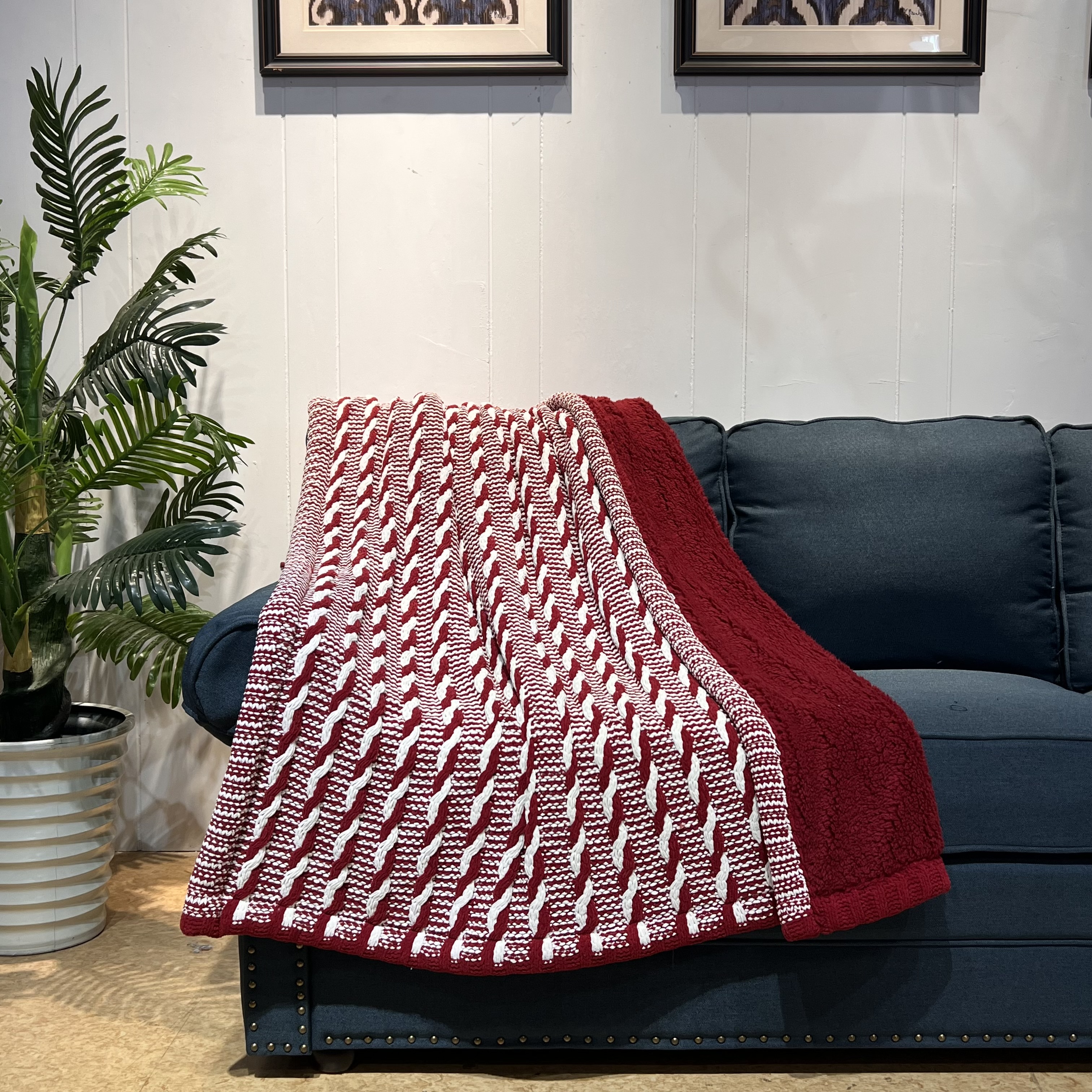 Chunky knit portable plain knit crochet decorative reversible sherpa blanket for personalized