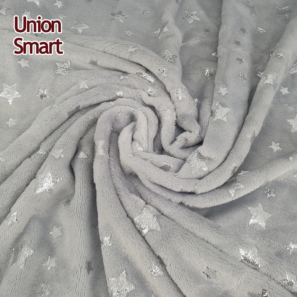 Flannel fleece polyester fabric with metallic foil printed