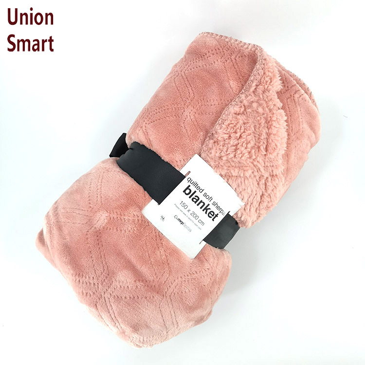 Soft color reversible sherpa flannel blanket ultrasonic quilting design textured velvet double side brushed fleece bed blankets