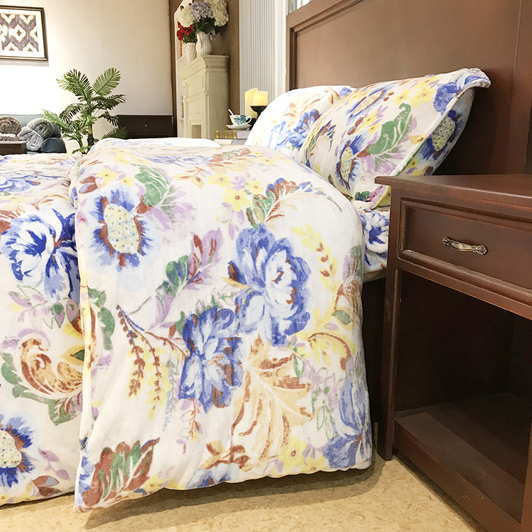 Printed Flannel Fleece Flower Luxury Blanket Bed Sheet Comforter Set Chinese Style Wholesale 100% Polyester Adult 4 Pcs