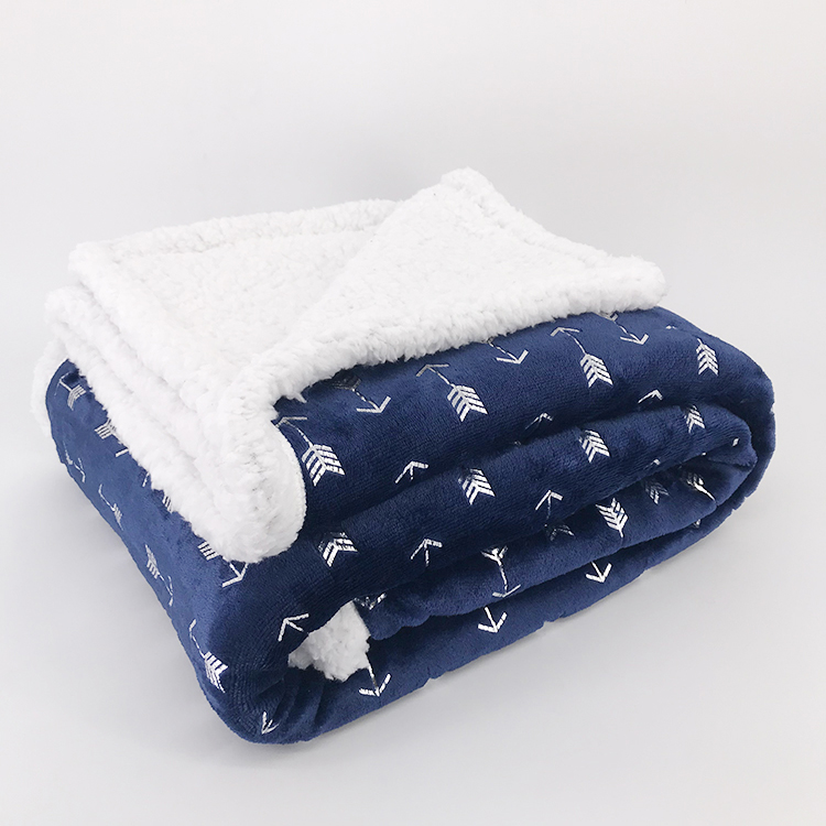Wholesale reversible sherpa flannel fleece blankets with foil printed luxury bedding throw