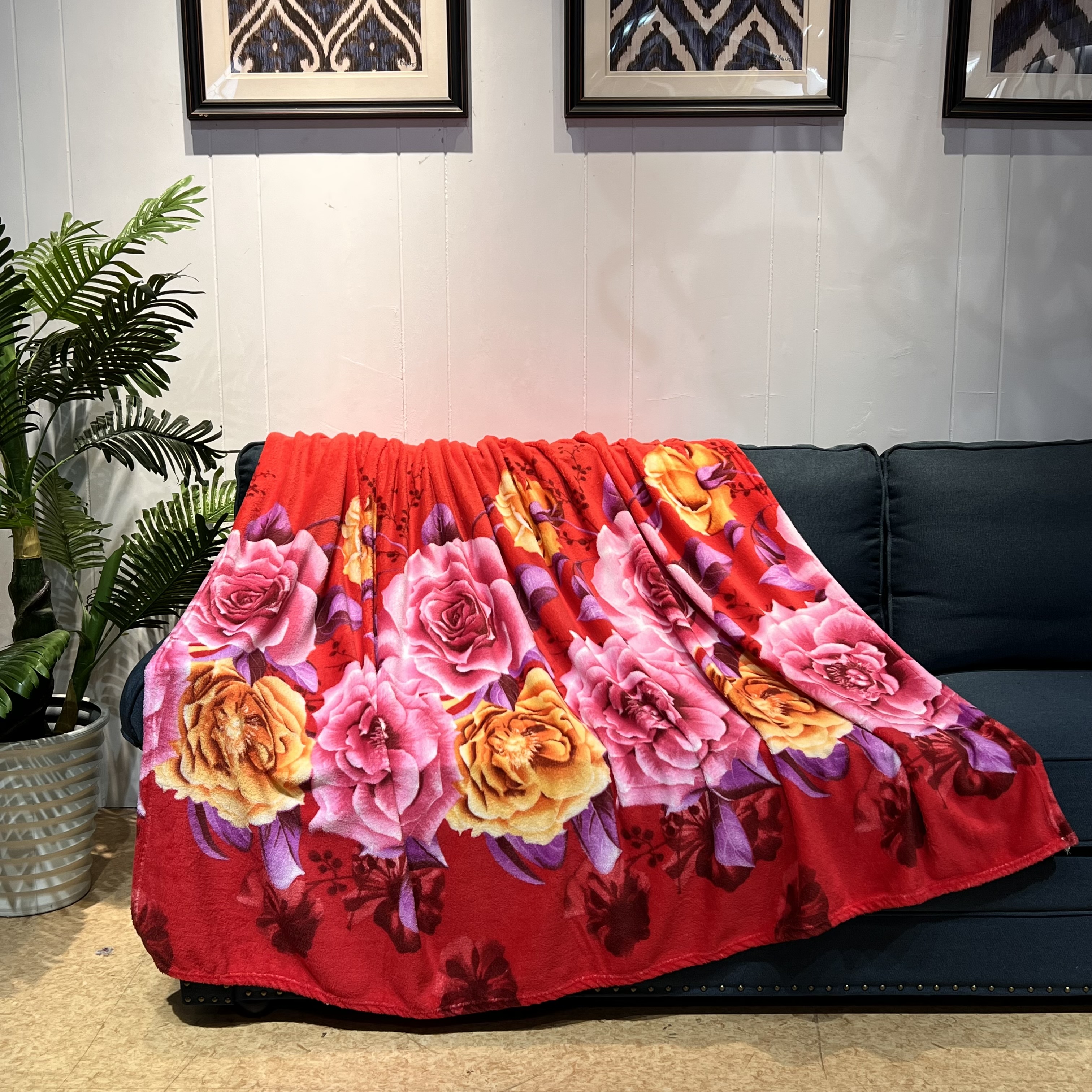 Custom sofa cozy velvet plush flannel coral fleece blanket flower digital textile printing throw