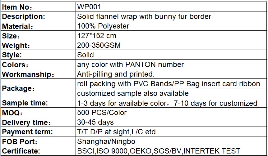 Fashionable woman home clothing warm flannel wrap with bunny fur border wearable blanket