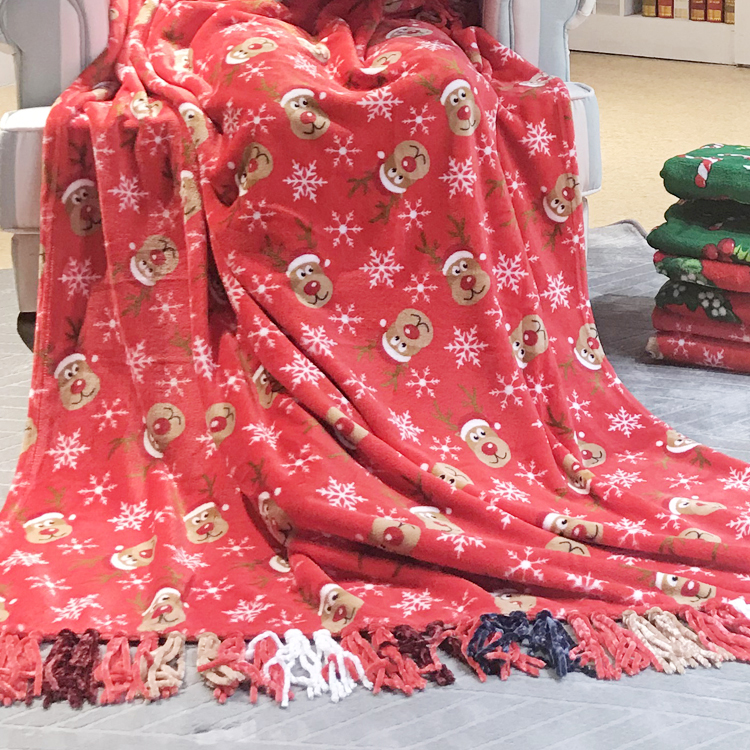 Christmas printed style flannel coral fleece throw gift blankets with chenille tassel fringes