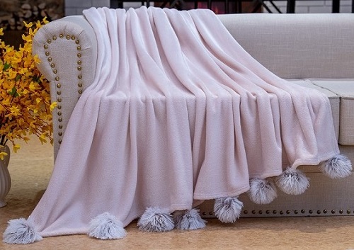 Solid flannel coral fleece blanket with back side printed PV pom poms bed throw decorative blanket for bedding