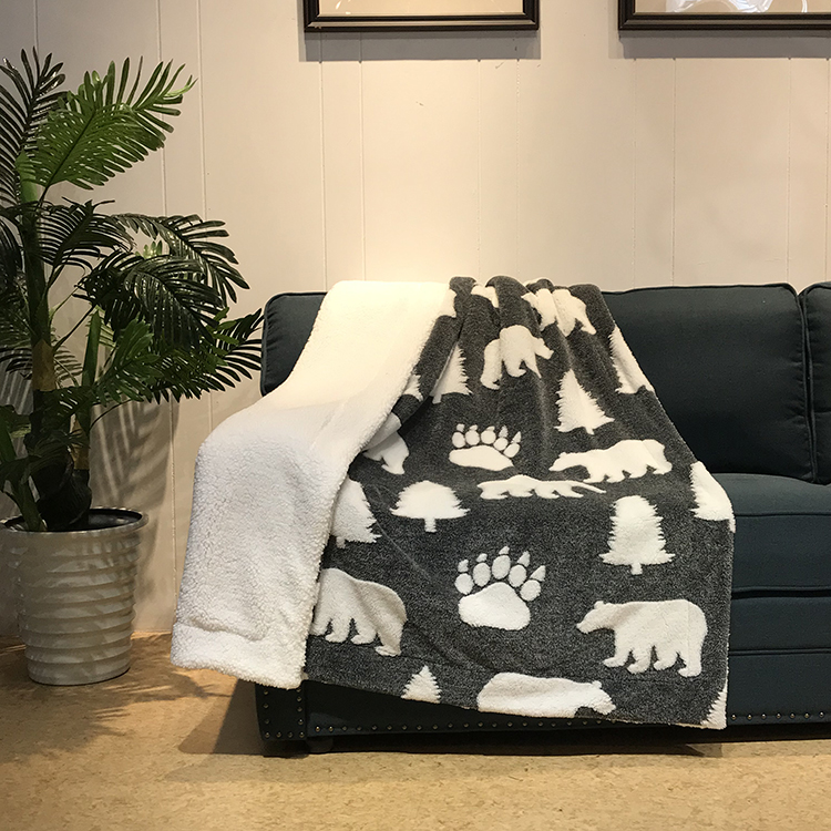100% polyester super soft melange bear jacquard flannel fleece reversible sherpa blanket for winter double layer