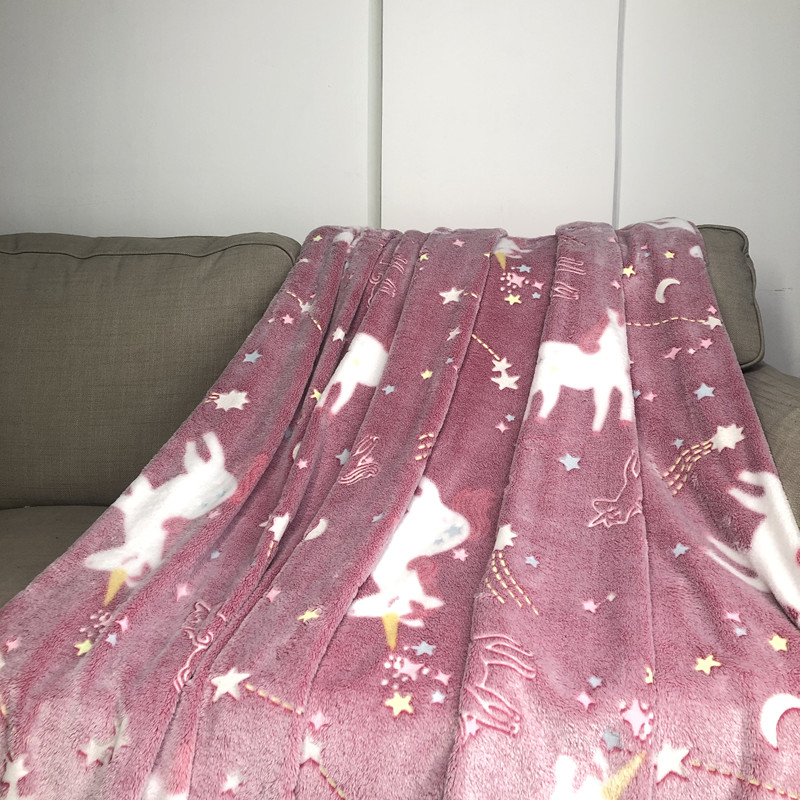 Luminous fluorescent blanket glow in the dark flannel fleece pink unicorn style sofa durable blanket throw