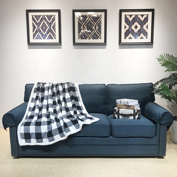 Christmas 100% polyester custom check printing fabric coral fleece reversible sherpa blanket