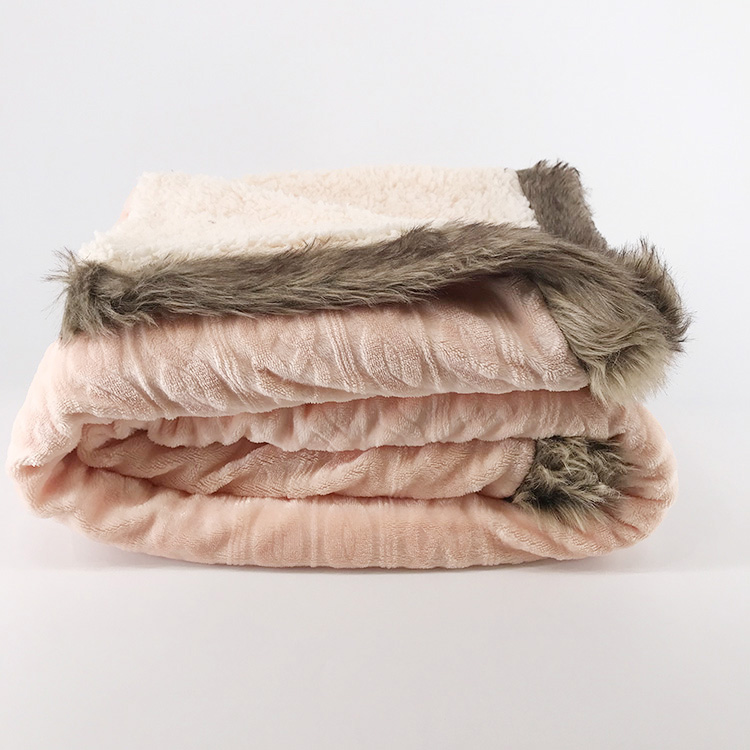 Embossed Flannel Fleece Blanket Sherpa Throw with Warm Bunny Fur Border Jacquard 100% Polyester Coral Fleece Fabric Striped