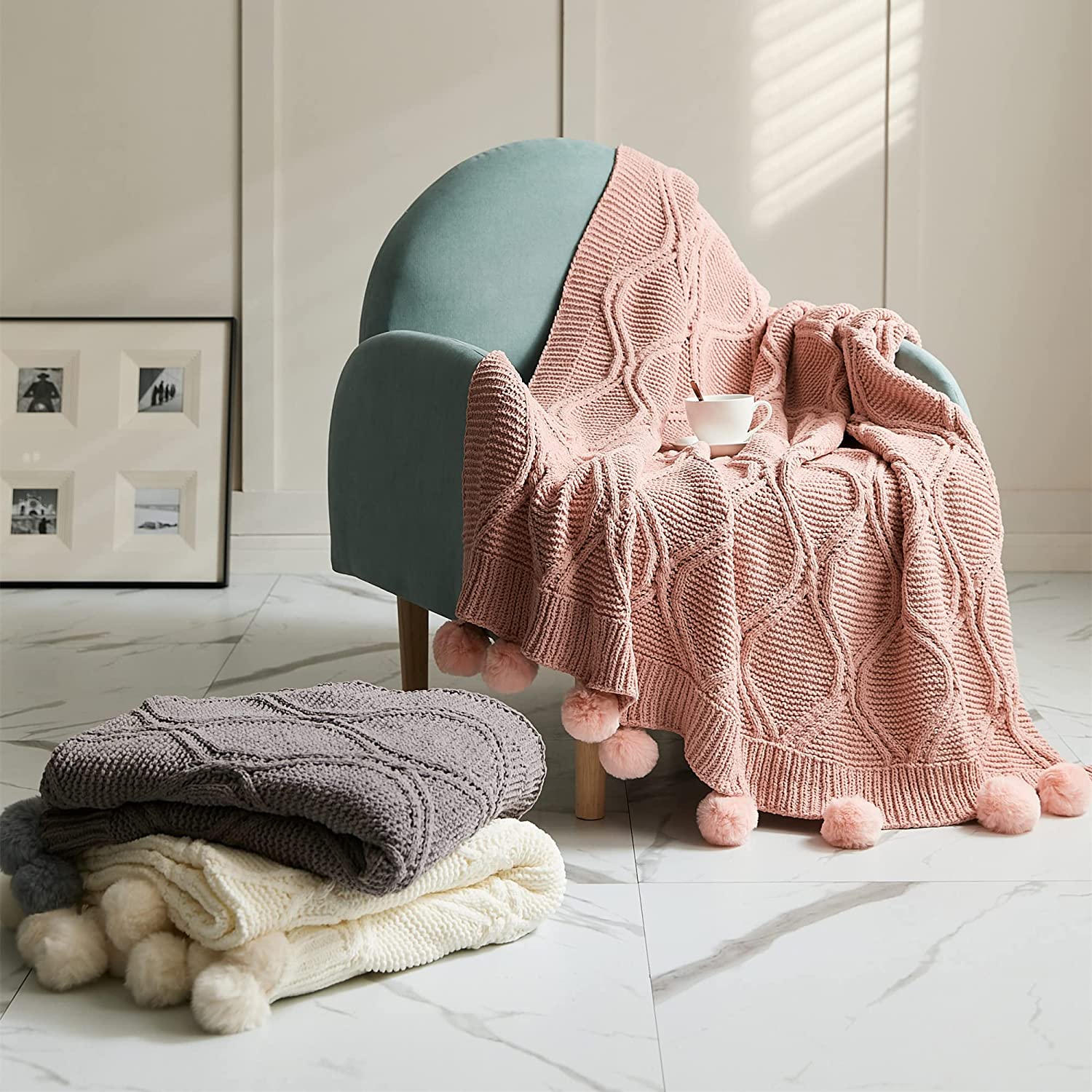 geometric woven fleece knit kids flannel decorative couch bed knitted pom pom throw blankets blanket