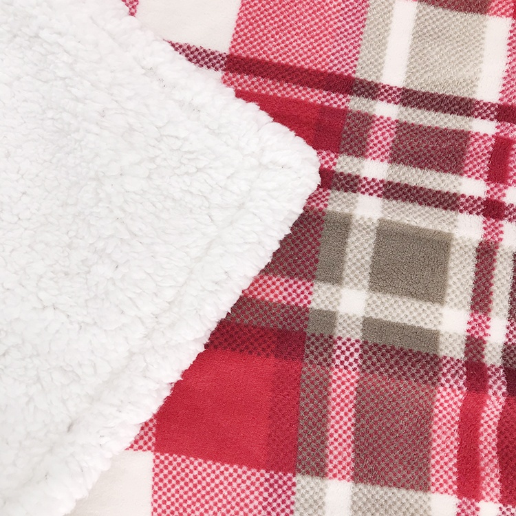 Christmas 100% polyester custom check printing fabric coral fleece reversible sherpa blanket
