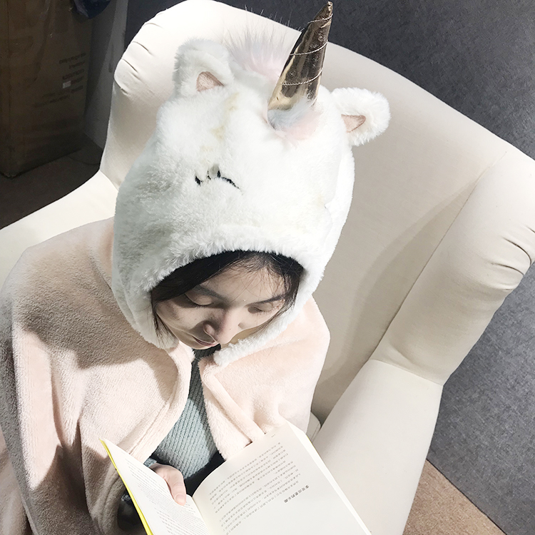 Unicorn Plush Blanket Wearable Swaddle Hooded Blanket with Unicorn Jacquard 100% Polyester Solid Flannel Hood Animal Head KS010