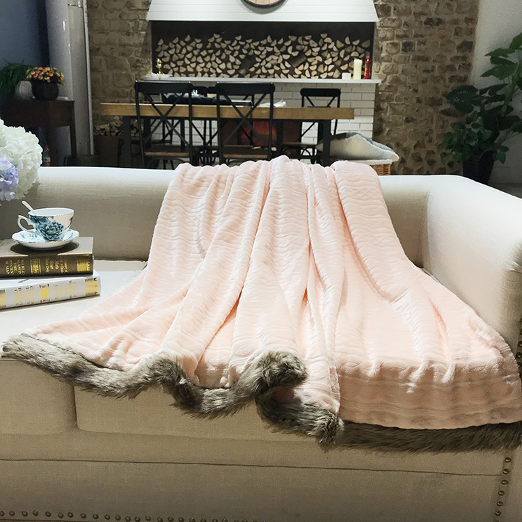 Embossed Flannel Fleece Blanket Sherpa Throw with Warm Bunny Fur Border Jacquard 100% Polyester Coral Fleece Fabric Striped