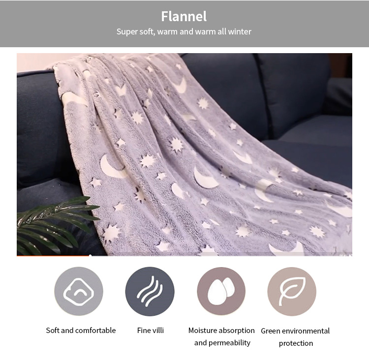 Durable glow in the dark flannel jacquard knitted fabric coral fleece blanket bright color in night blanket throw for children