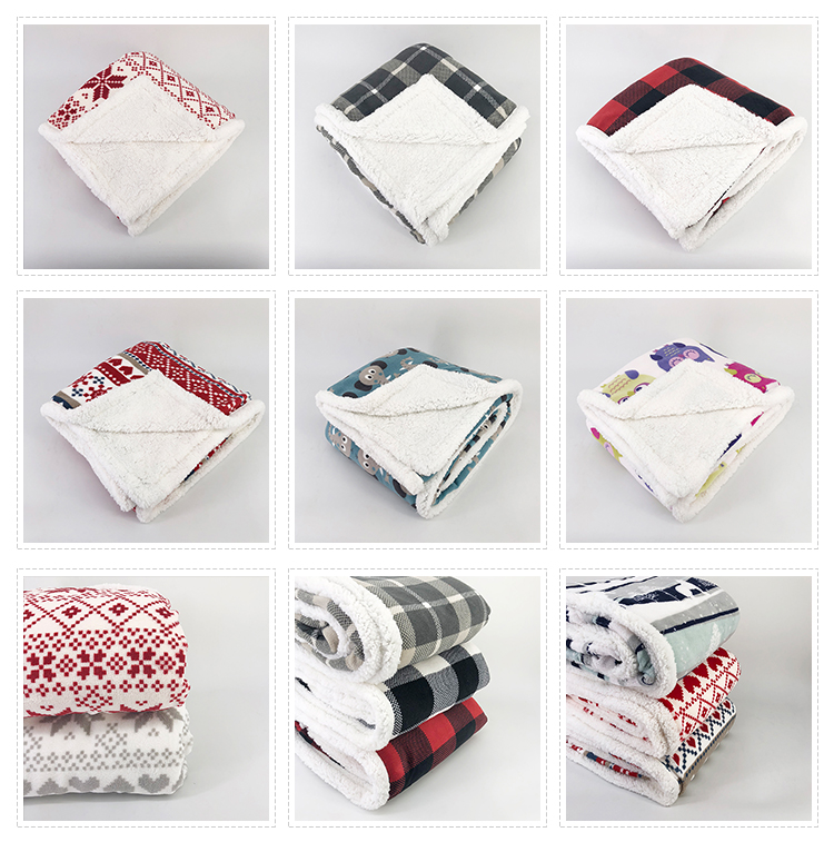 Christmas 100% polyester custom check printing fabric coral fleece reversible sherpa blanket
