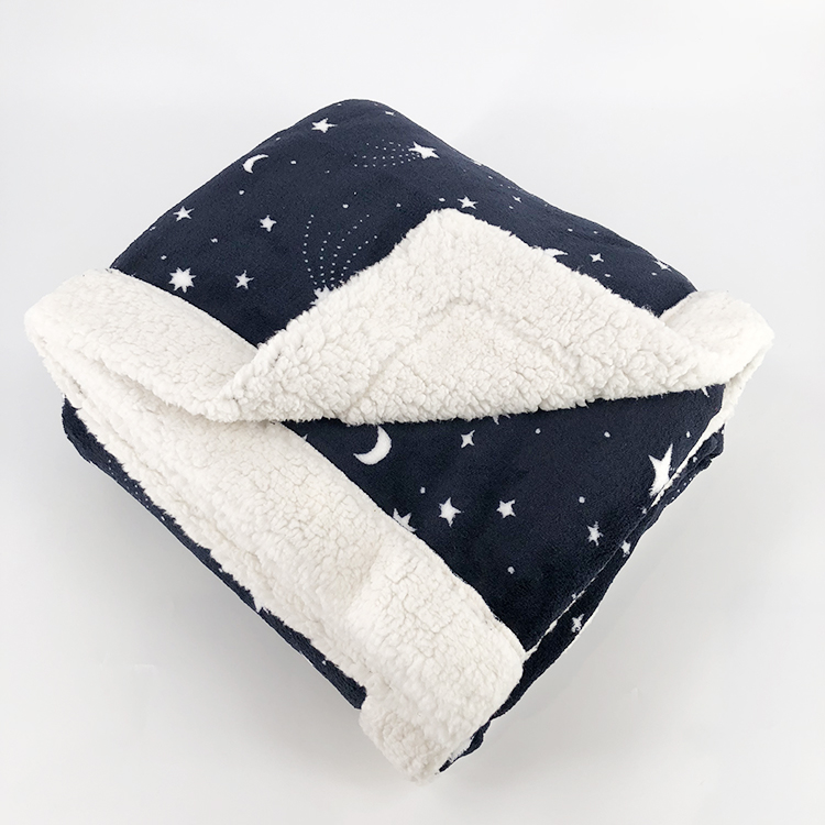 Super soft printing coral fleece blanket little star printed black coral sherpa 2 ply fleece thermal blanket for bed