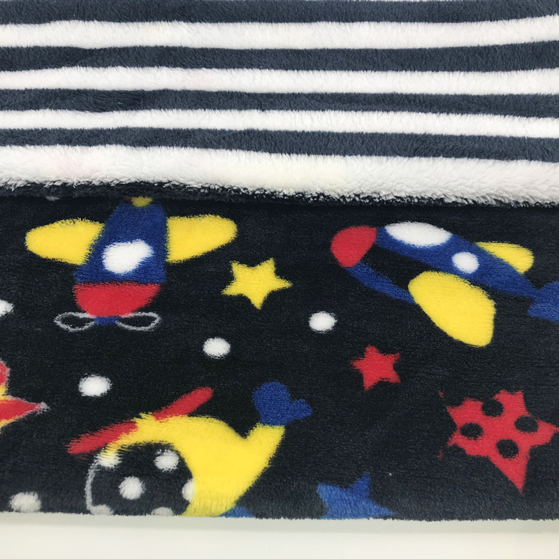 Cartoon style 2 side printed flannel coral fleece fabric for children beds blanket throw double side brushed fleece