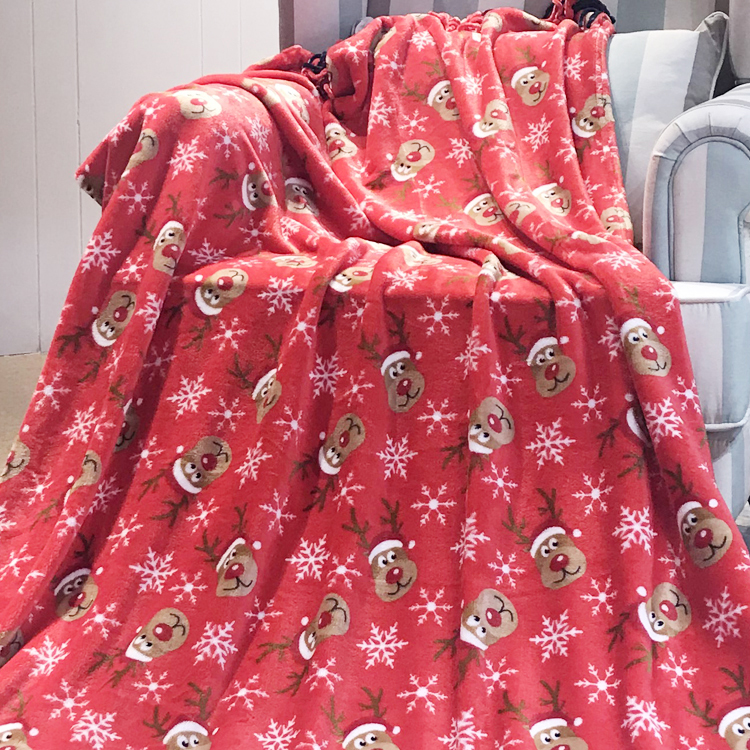 Christmas printed style flannel coral fleece throw gift blankets with chenille tassel fringes