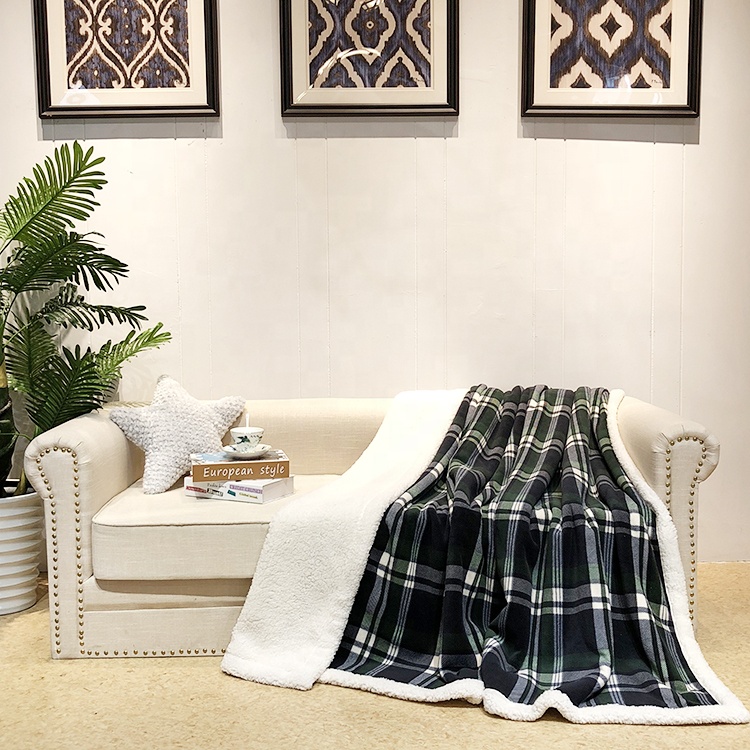 Christmas 100% polyester custom check printing fabric coral fleece reversible sherpa blanket