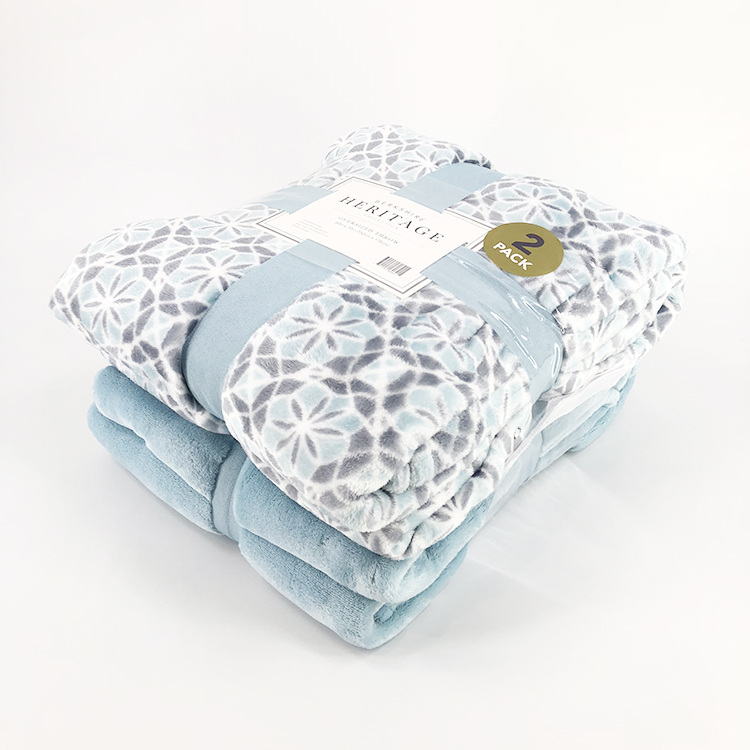 Flannel Fleece Blanket Printed and Solid Light Blue Color 2pcs Jacquard 100% Polyester Thread Blanket/towel Blanket Rectangular