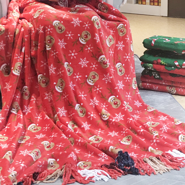 Christmas printed style flannel coral fleece throw gift blankets with chenille tassel fringes