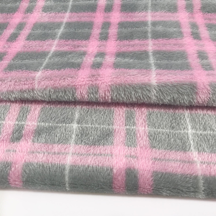 Fuzzy sky blue lovely plaid printed plush flannel fabric for baby blanket throw