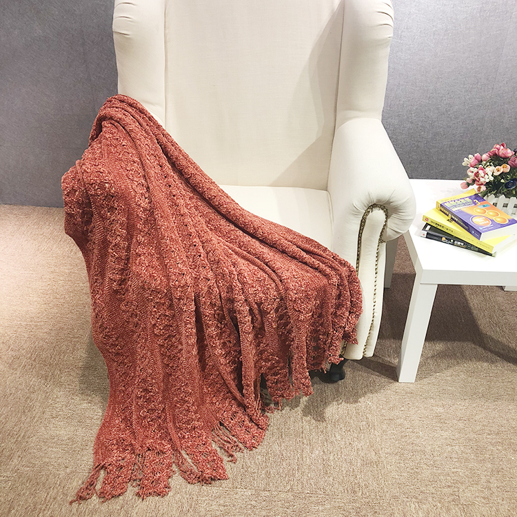 Crochet yarn knitted sofa tassel cellular blanket, blankets knit red throw blanket