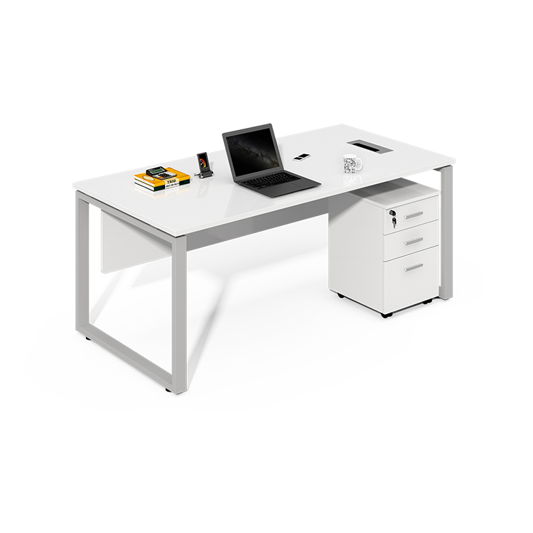 White Straight Office Desk with Modesty Panel gray Frame