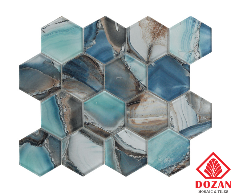 European And American Style Kitchen wall Blue Agate Hexagon Mosaic Glass