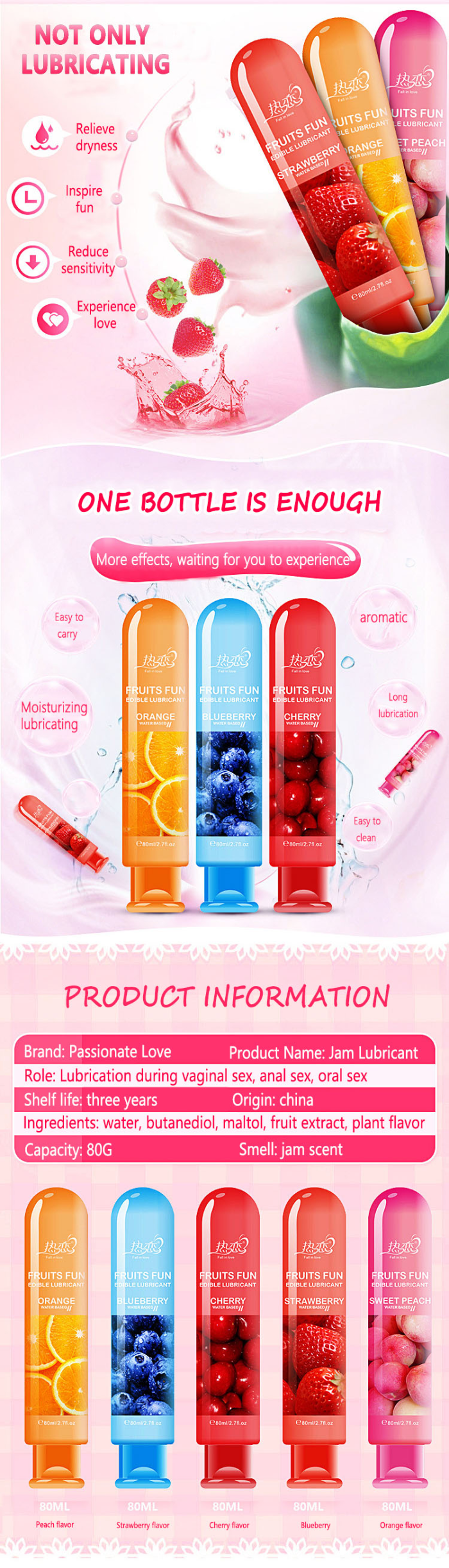 Fruit Edible Sex Lube Water Based Lubricant Sexy Anal Oral Gel Peach Strawberry Blueberry Cherry Orange For Couple Adult 80ML