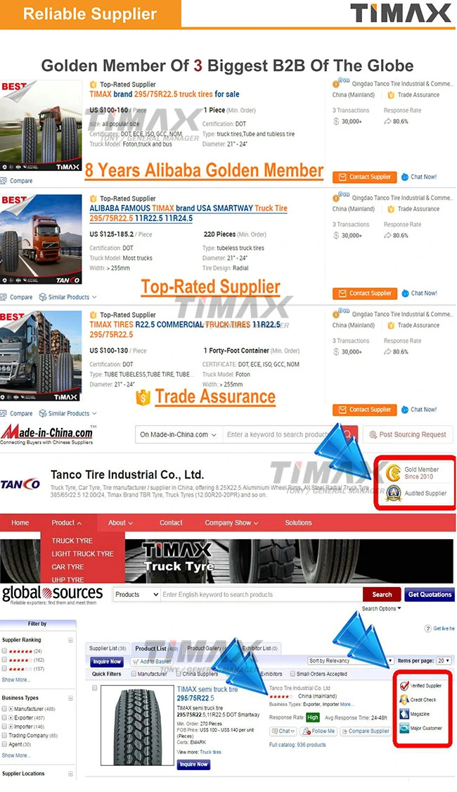 288000kms Timax Tube Truck Tyres for Asia (10.00R20, 11.00R20, 12.00R20)