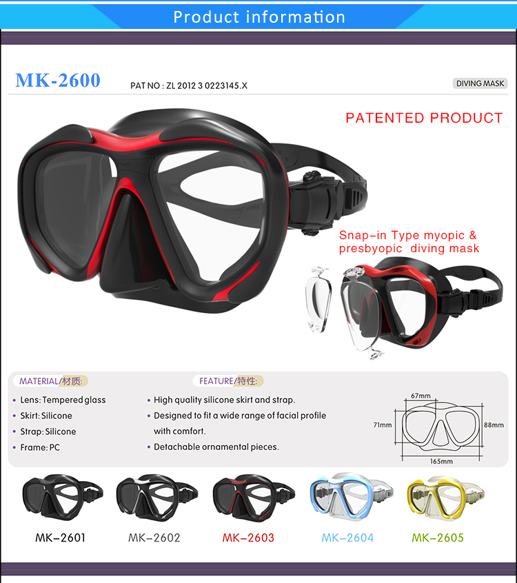 Whale MK-2600 cost-effective wide range diving mask tempered mirror glass double lens strong texture diving goggles