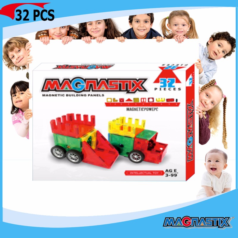 Magnetic Toys8332-32-Piece Clear Colors Magnetic Tiles Deluxe Building Set with Car