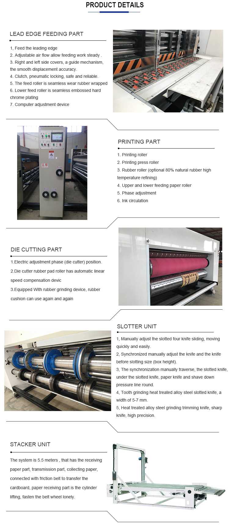 Lead edge multi Color Automatic Corrugated Carton Box Paper Flexo Printing Machine With Slotter And Die Cutter