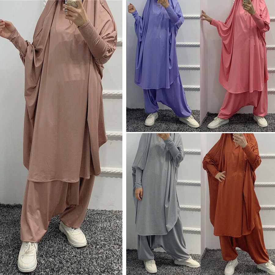 2021 Dec New Arrival Muslim women 2pcs Abaya set Plain Polyester long dress kimono Cardigan Islamic Clothing